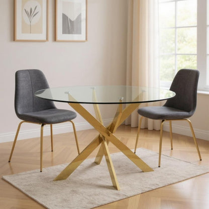 54" Clear and Gold Glass and Metal Cross Leg Base Round Top Dining Table HomeRoots