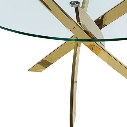 54" Clear and Gold Glass and Metal Cross Leg Base Round Top Dining Table HomeRoots
