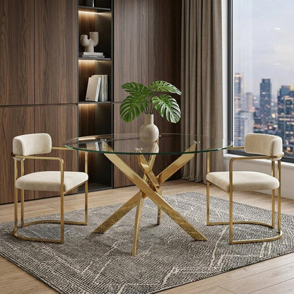 54" Clear and Gold Glass and Metal Cross Leg Base Round Top Dining Table HomeRoots