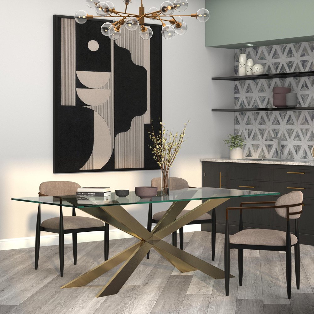 72" Clear and Gold Glass and Metal Cross Leg Base Dining Table HomeRoots