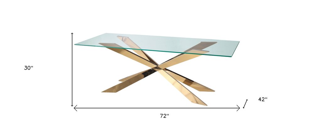 72" Clear and Gold Glass and Metal Cross Leg Base Dining Table HomeRoots