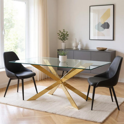 72" Clear and Gold Glass and Metal Cross Leg Base Dining Table HomeRoots