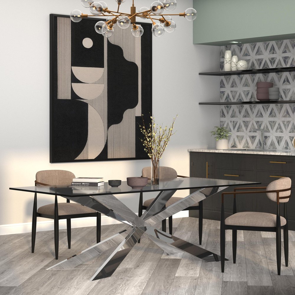 72" Clear and Silver Glass and Metal Cross Leg Base Dining Table HomeRoots