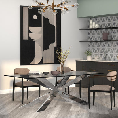 72" Clear and Silver Glass and Metal Cross Leg Base Dining Table HomeRoots