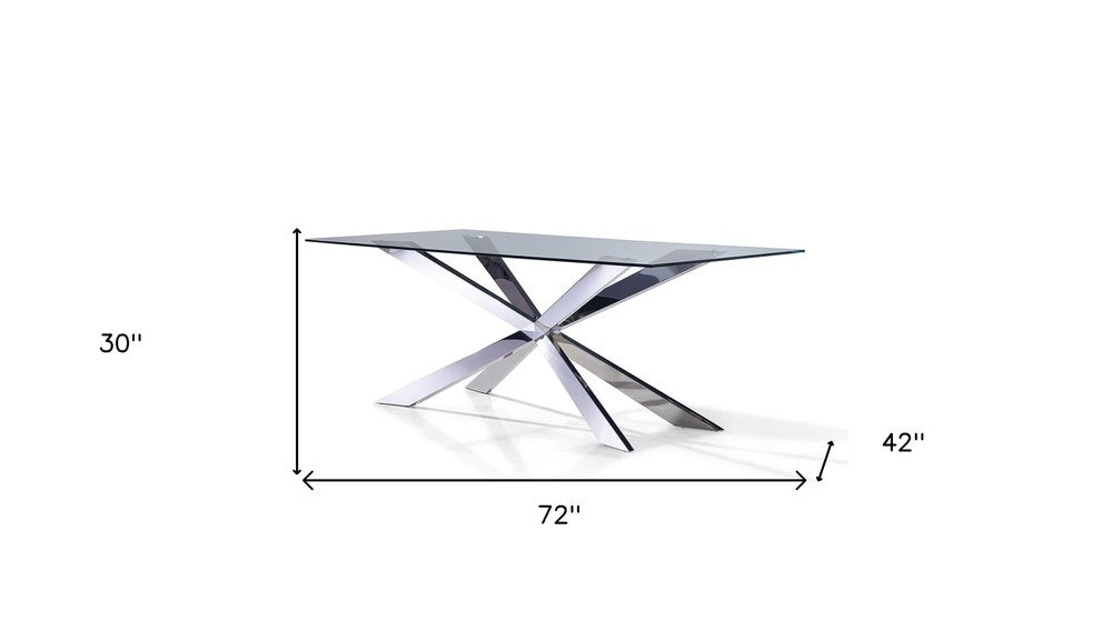 72" Clear and Silver Glass and Metal Cross Leg Base Dining Table HomeRoots