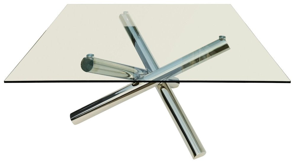 60" Clear and Silver Glass and Metal Cross Leg Base Square Dining Table HomeRoots