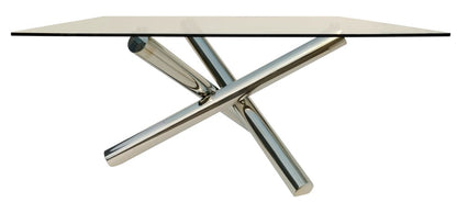 60" Clear and Silver Glass and Metal Cross Leg Base Square Dining Table HomeRoots