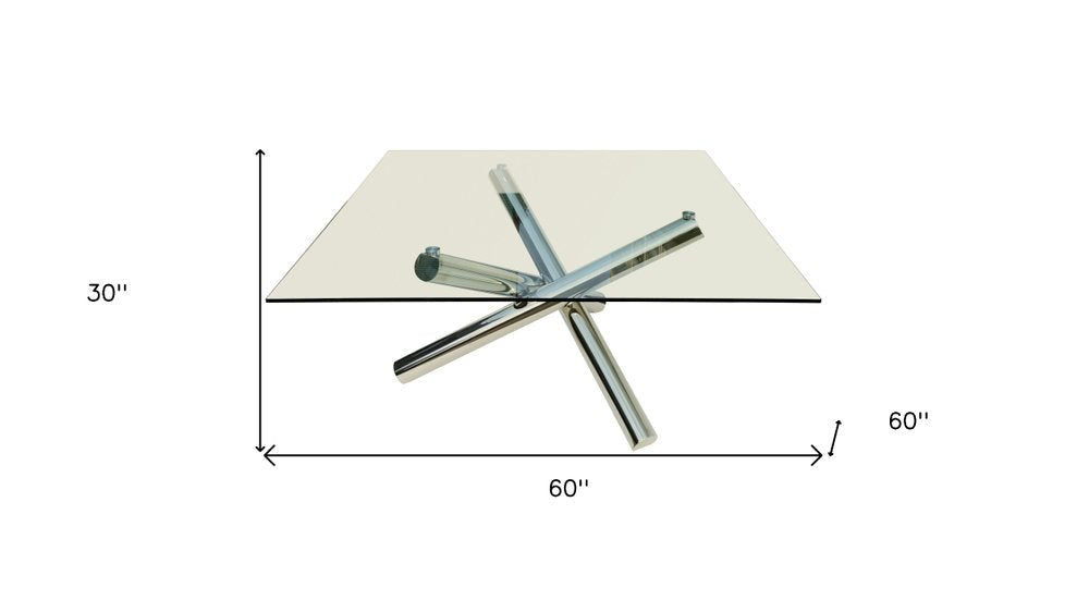 60" Clear and Silver Glass and Metal Cross Leg Base Square Dining Table HomeRoots