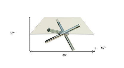 60" Clear and Silver Glass and Metal Cross Leg Base Square Dining Table HomeRoots