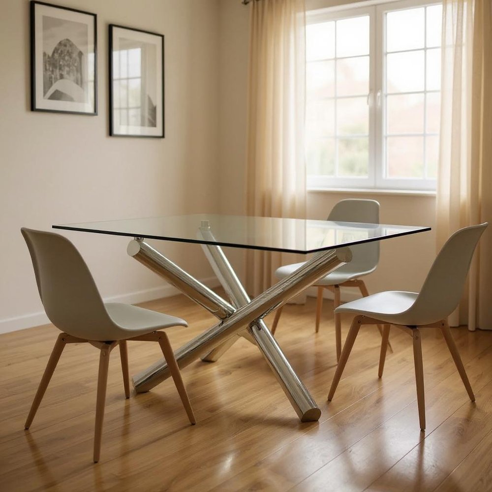 60" Clear and Silver Glass and Metal Cross Leg Base Square Dining Table HomeRoots