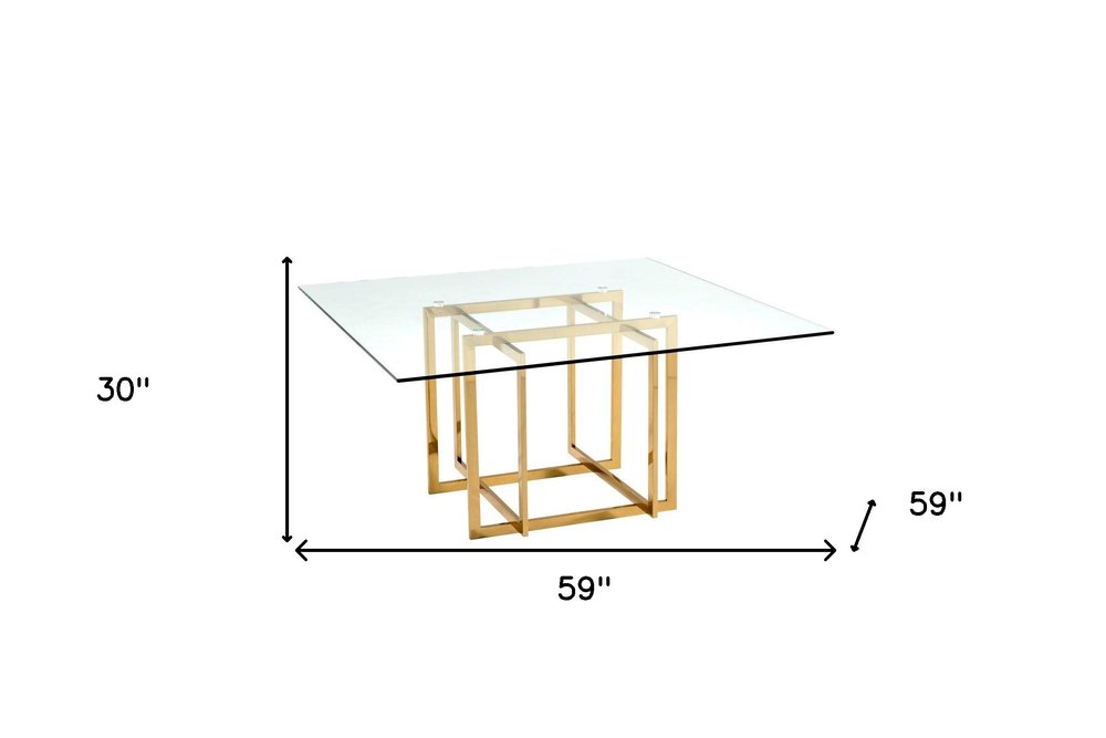 59" Clear and Silver Glass and Metal Pedestal Base Square Dining Table HomeRoots