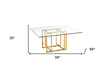 59" Clear and Silver Glass and Metal Pedestal Base Square Dining Table HomeRoots