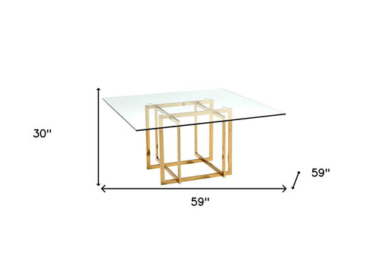 59" Clear and Silver Glass and Metal Pedestal Base Square Dining Table HomeRoots