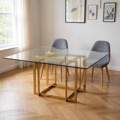 59" Clear and Silver Glass and Metal Pedestal Base Square Dining Table HomeRoots