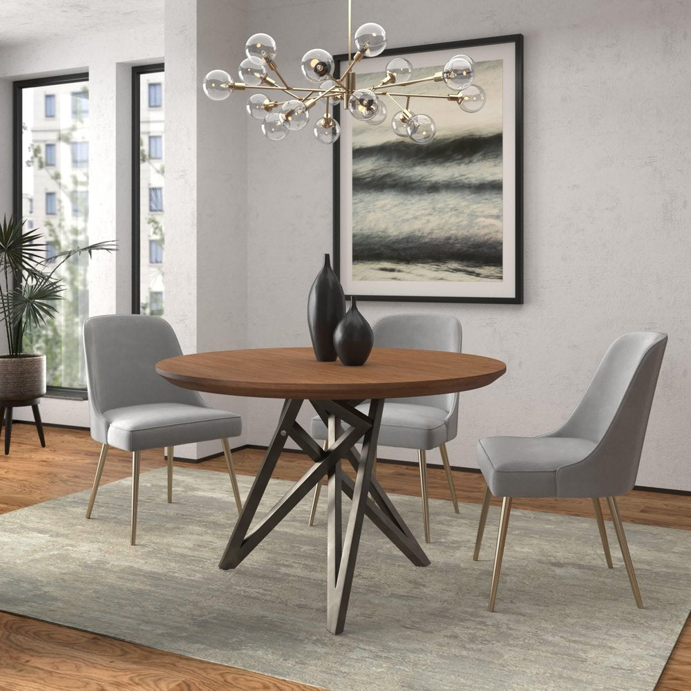 47" Brown and Gray Wood and Stainless Steel Cross Leg Base Round Top Dining Table HomeRoots