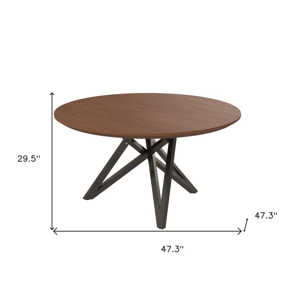 47" Brown and Gray Wood and Stainless Steel Cross Leg Base Round Top Dining Table HomeRoots