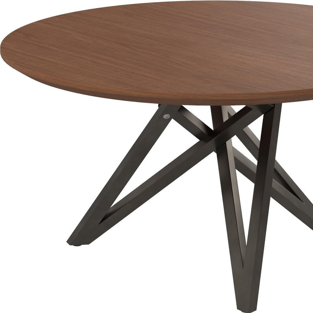 47" Brown and Gray Wood and Stainless Steel Cross Leg Base Round Top Dining Table HomeRoots