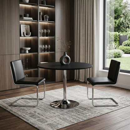 36" Black and Silver Wood and Metal Pedestal Base Round Top Dining Table HomeRoots