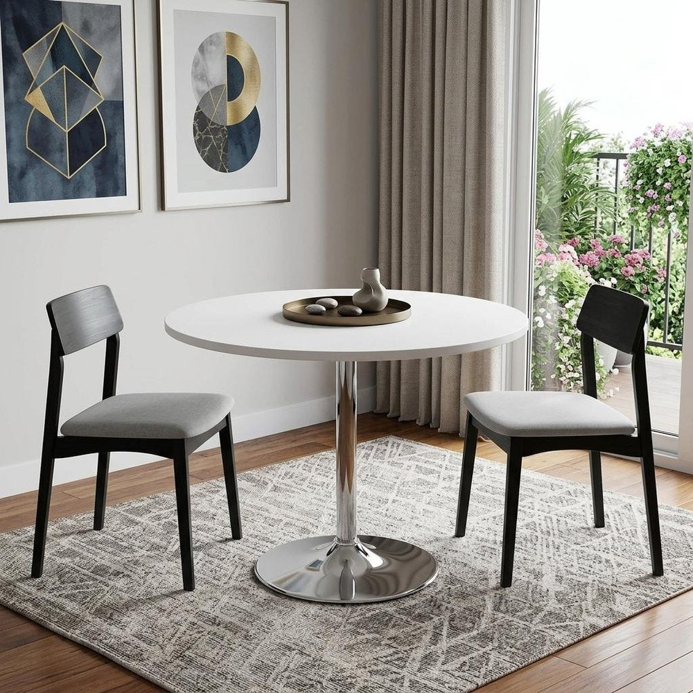 36" White and Silver Wood and Metal Pedestal Base Round Top Dining Table HomeRoots
