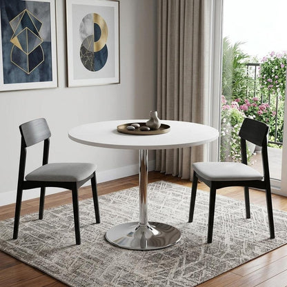 36" White and Silver Wood and Metal Pedestal Base Round Top Dining Table HomeRoots