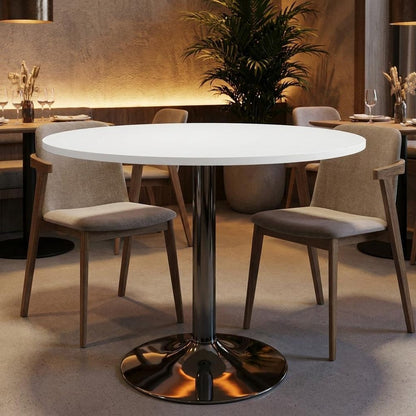 36" White and Silver Wood and Metal Pedestal Base Round Top Dining Table HomeRoots