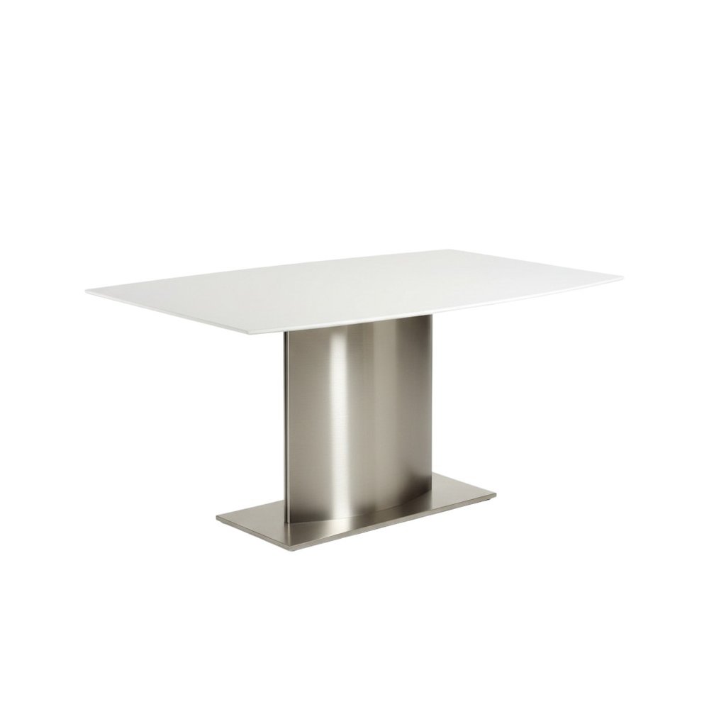 63" White and Silver Marble and Stainless Steel Pedestal Base Dining Table — view 1