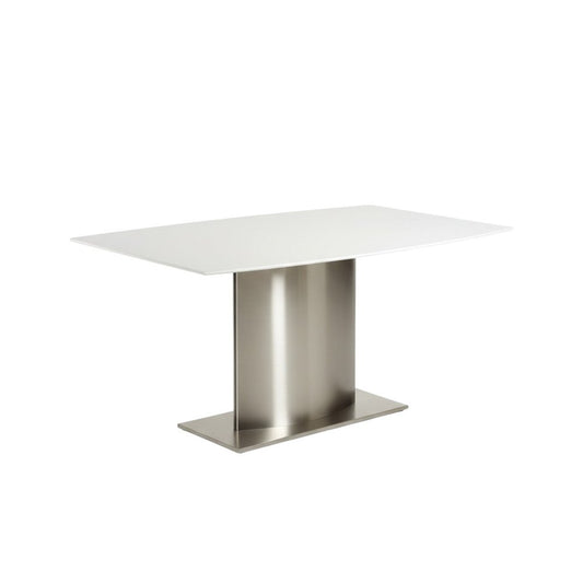 63" White and Silver Marble and Stainless Steel Pedestal Base Dining Table