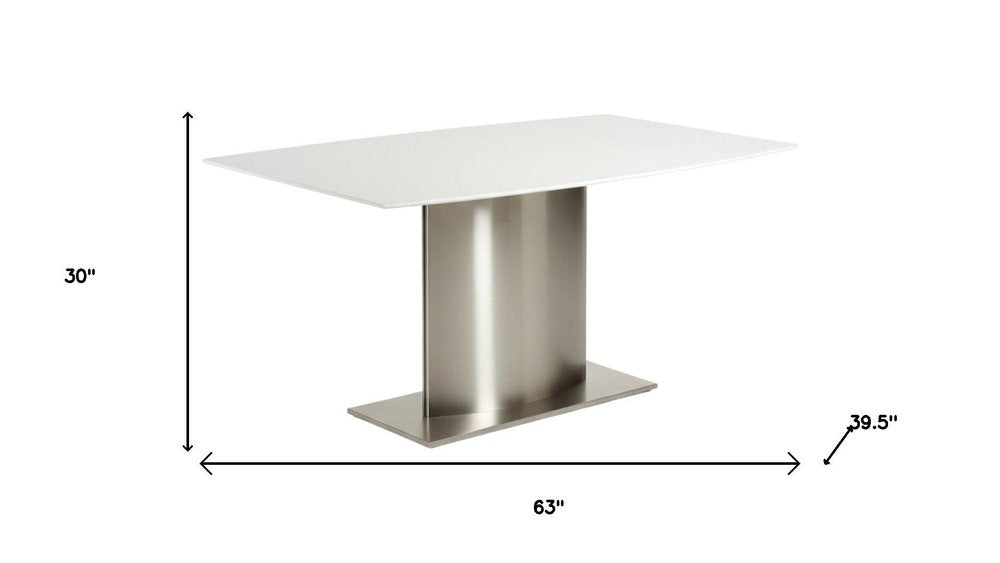63" White and Silver Marble and Stainless Steel Pedestal Base Dining Table HomeRoots