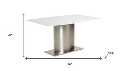 63" White and Silver Marble and Stainless Steel Pedestal Base Dining Table HomeRoots