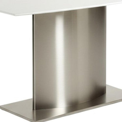 63" White and Silver Marble and Stainless Steel Pedestal Base Dining Table HomeRoots