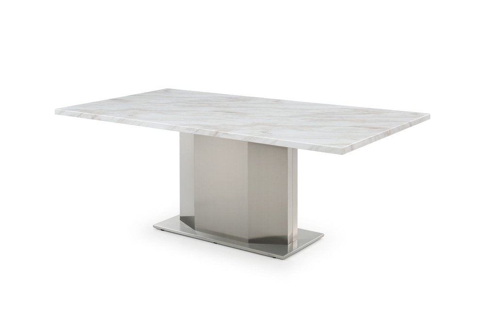79" Gray White and Silver Marble and Stainless Steel Pedestal Base Dining Table HomeRoots