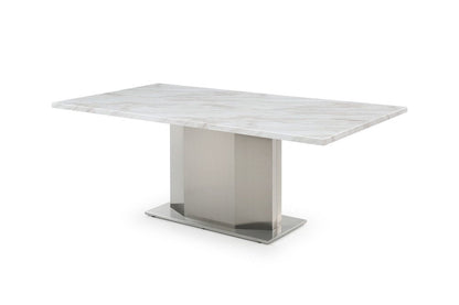 79" Gray White and Silver Marble and Stainless Steel Pedestal Base Dining Table HomeRoots