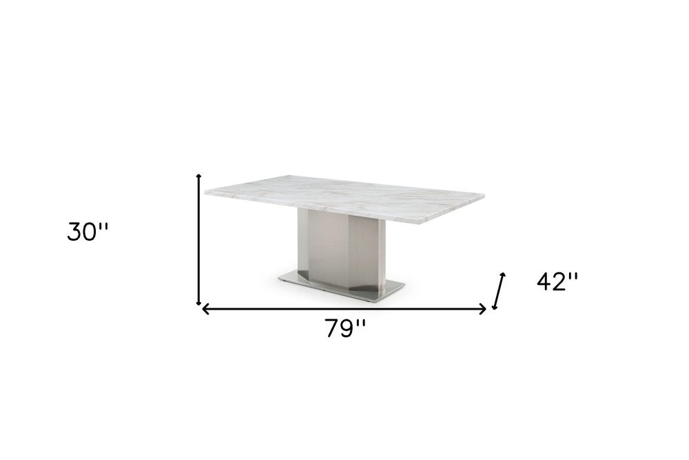 79" Gray White and Silver Marble and Stainless Steel Pedestal Base Dining Table HomeRoots