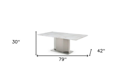 79" Gray White and Silver Marble and Stainless Steel Pedestal Base Dining Table HomeRoots