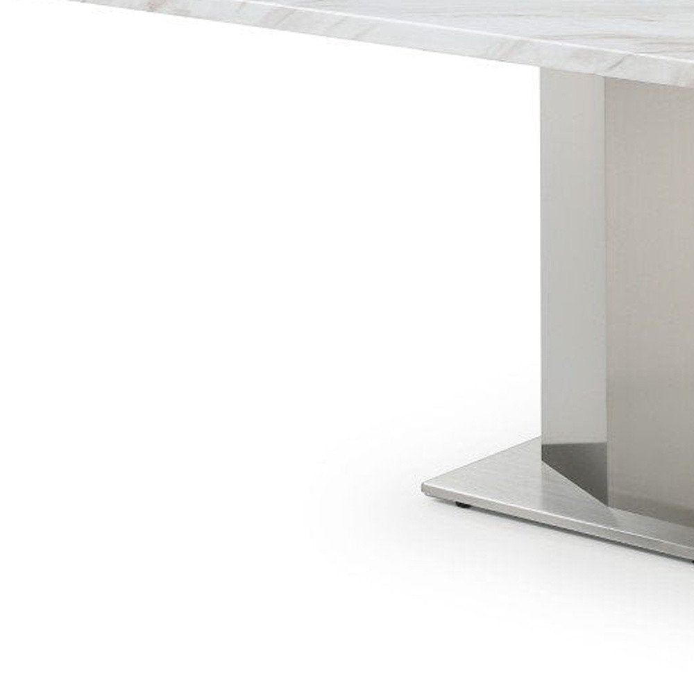 79" Gray White and Silver Marble and Stainless Steel Pedestal Base Dining Table HomeRoots