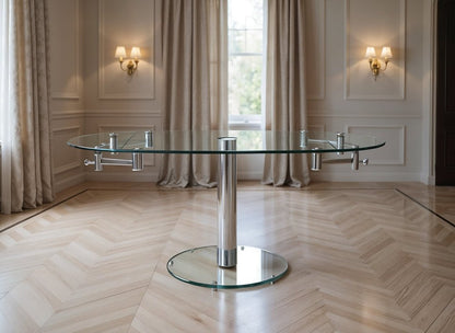 40" Clear and Silver Glass and Metal Self-Storing Leaf Motion Extendable Dining Table HomeRoots