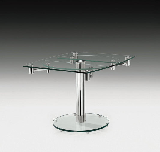 40" Clear and Silver Glass and Metal Self-Storing Leaf Motion Extendable Dining Table HomeRoots