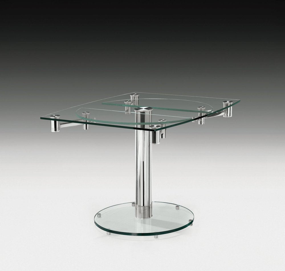 40" Clear and Silver Glass and Metal Self-Storing Leaf Motion Extendable Dining Table HomeRoots