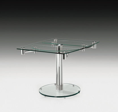 40" Clear and Silver Glass and Metal Self-Storing Leaf Motion Extendable Dining Table HomeRoots