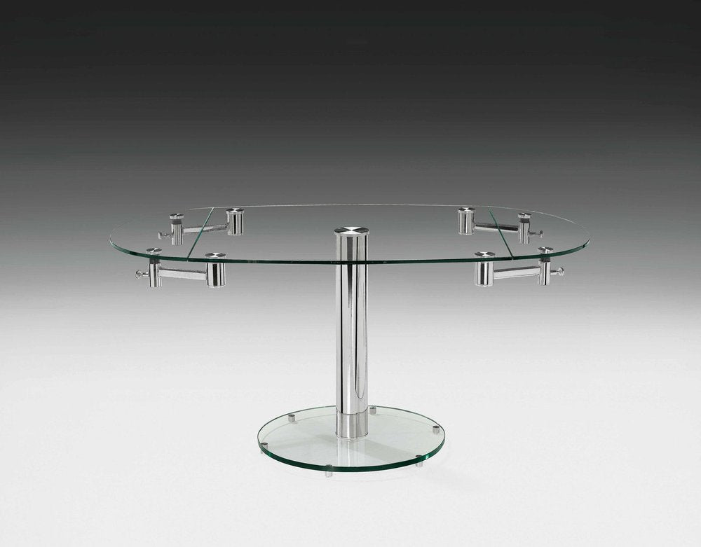 40" Clear and Silver Glass and Metal Self-Storing Leaf Motion Extendable Dining Table HomeRoots