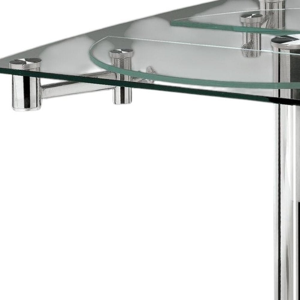 40" Clear and Silver Glass and Metal Self-Storing Leaf Motion Extendable Dining Table HomeRoots