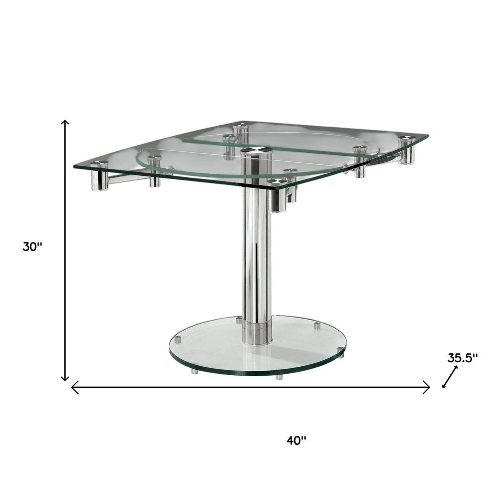 40" Clear and Silver Glass and Metal Self-Storing Leaf Motion Extendable Dining Table HomeRoots