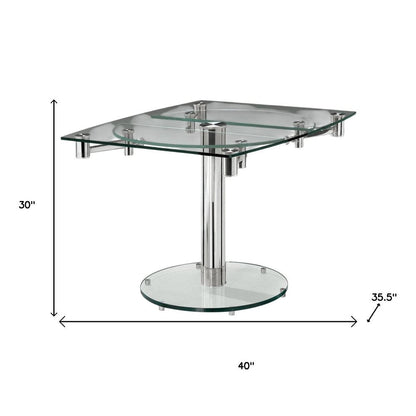 40" Clear and Silver Glass and Metal Self-Storing Leaf Motion Extendable Dining Table HomeRoots