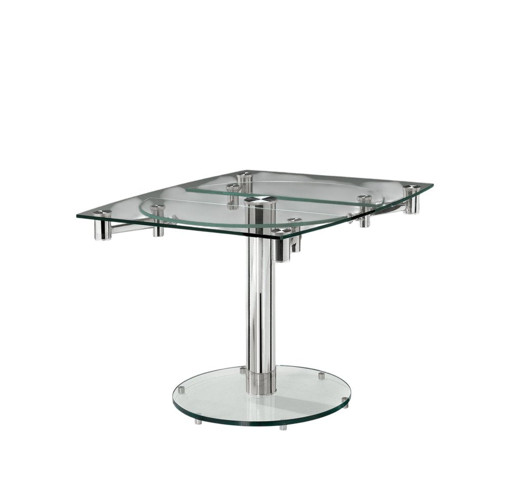 40" Clear and Silver Glass and Metal Self-Storing Leaf Motion Extendable Dining Table HomeRoots