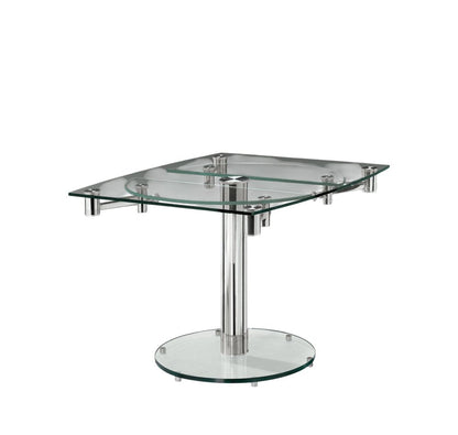 40" Clear and Silver Glass and Metal Self-Storing Leaf Motion Extendable Dining Table HomeRoots