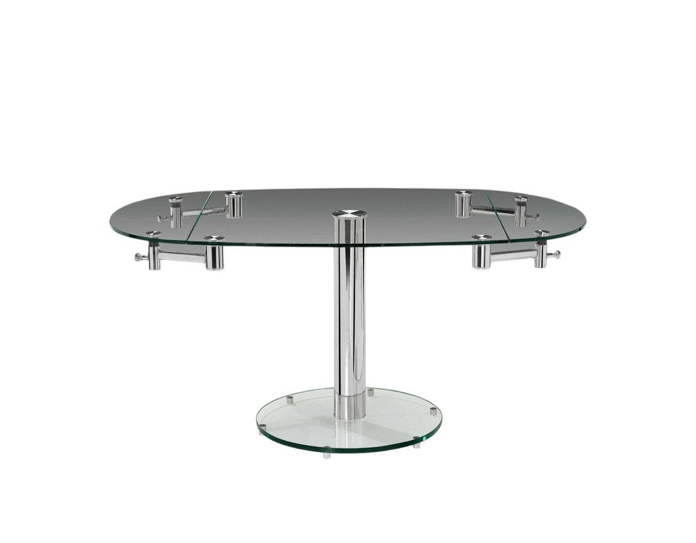 40" Clear and Silver Glass and Metal Self-Storing Leaf Motion Extendable Dining Table HomeRoots