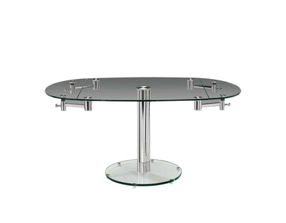 40" Clear and Silver Glass and Metal Self-Storing Leaf Motion Extendable Dining Table HomeRoots