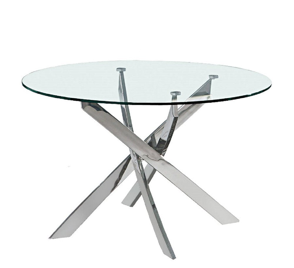 48" Clear and Silver Glass and Metal Cross Leg Base Round Top Dining Table HomeRoots