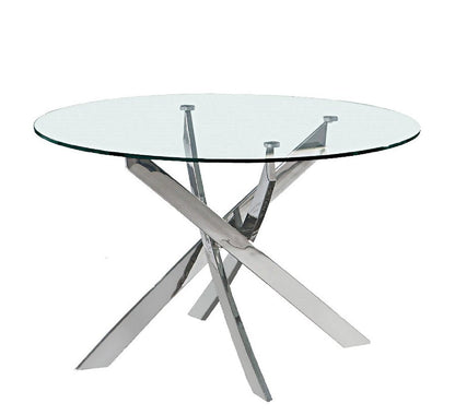 48" Clear and Silver Glass and Metal Cross Leg Base Round Top Dining Table HomeRoots
