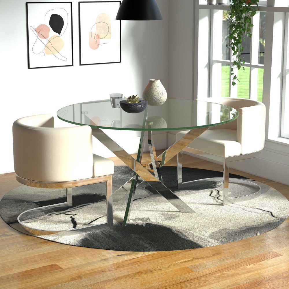 48" Clear and Silver Glass and Metal Cross Leg Base Round Top Dining Table HomeRoots